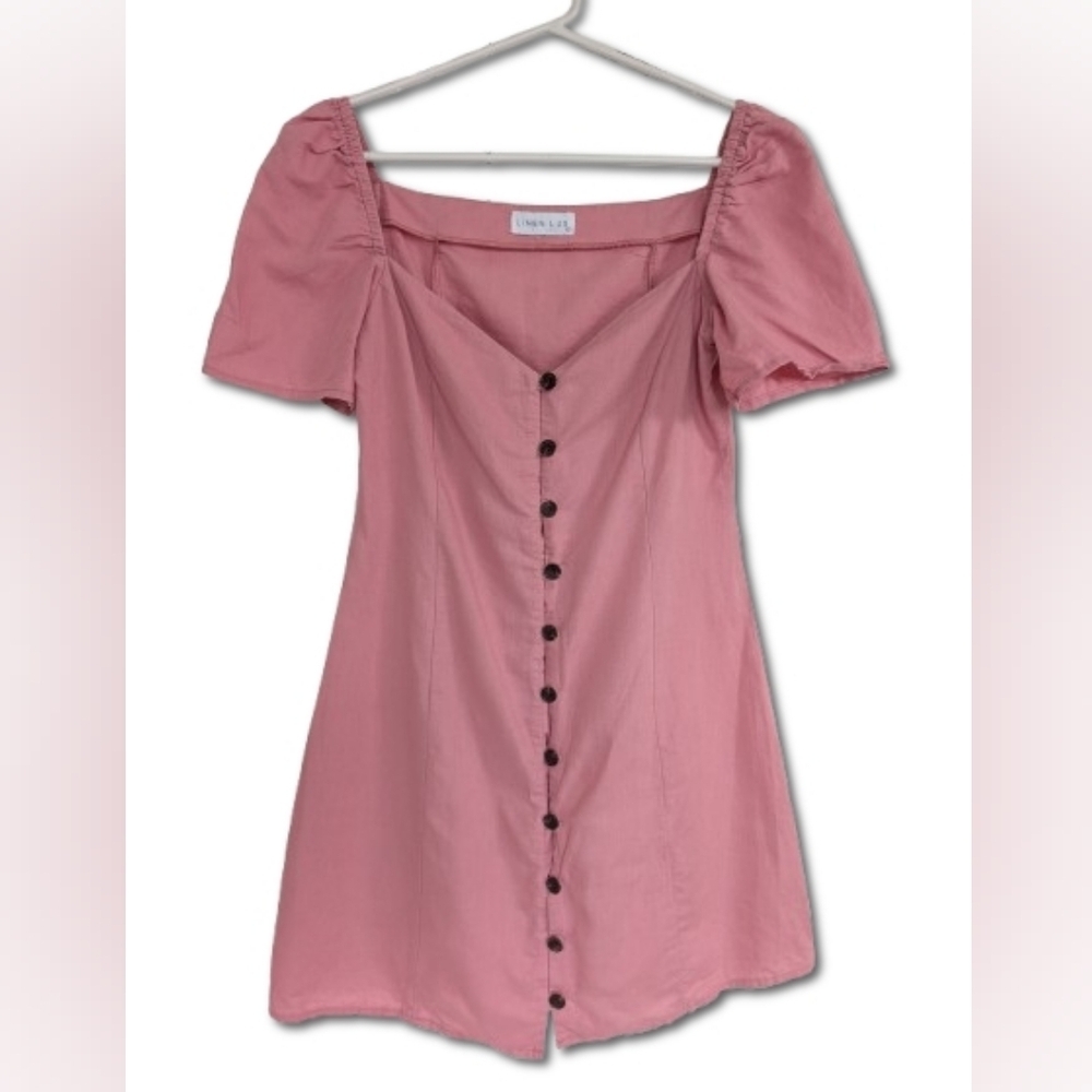 Linen Lux Pink Linen Blend Button Front Puff Sleeve Mini Dress size XS